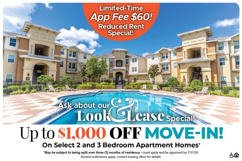 A promotional image for apartment homes with a special move-in offer.