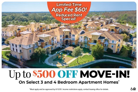 A promotional image for a housing complex offering a limited-time app fee discount and a move-in special.