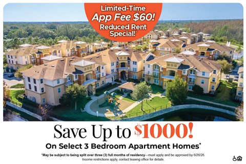 A promotional image for a limited-time app fee of $60 and a reduced rent special for select 3 bedroom apartment homes.