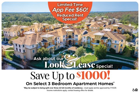 An advertisement for a limited-time app fee of $60 and a reduced rent special for a Look & Lease special.