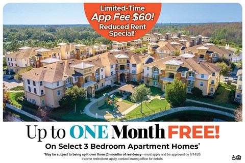 A housing development advertisement offering a free month's rent on select 3 bedroom apartment homes.