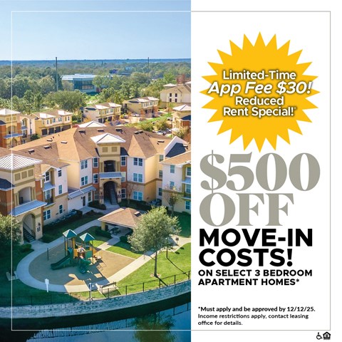 A promotional image for a $500 off move-in costs deal on select 3 bedroom apartment homes.