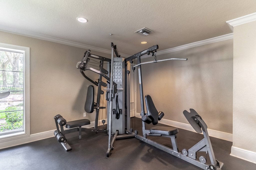 a home gym with weights and cardio equipment