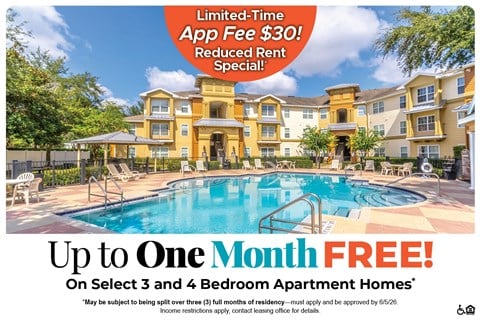 A large, luxurious apartment complex with a pool advertises a free month for select 3 and 4 bedroom homes.