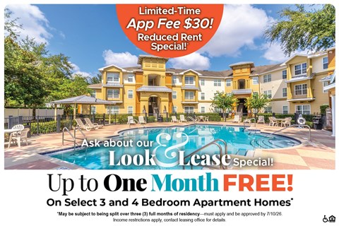 A large, luxurious apartment complex with a pool advertises a free lease special.