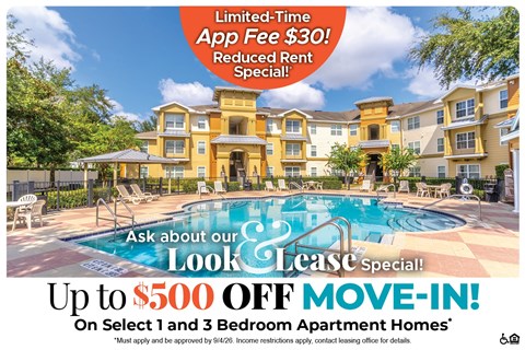 A large, luxurious apartment complex is advertising a special lease offer.