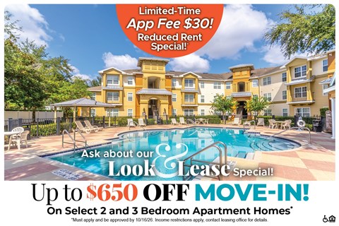 Up to $600 Off Move-In Costs on Select 2 and 3 Bedroom Apartment Homes* Ask About our Look and Lease Special!