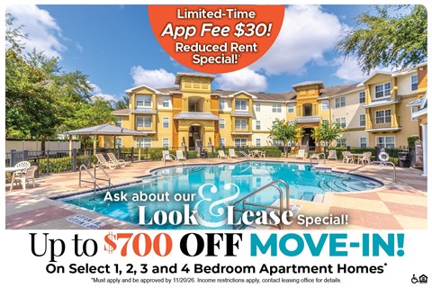 Up to $700 Off Move-In Costs on Select 1, 2, 3 and 4 Bedroom Apartment Homes* Ask About our Look and Lease Special!