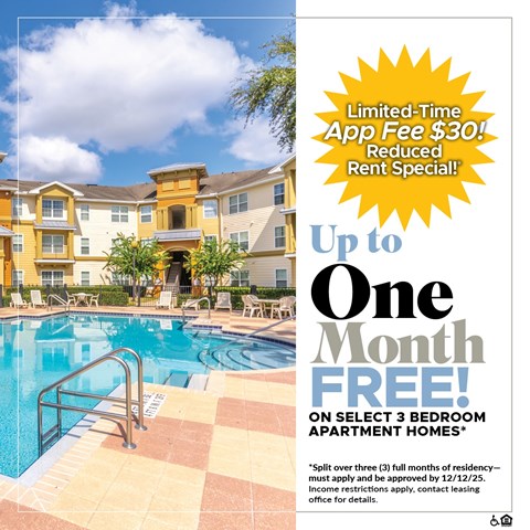 An apartment complex advertises a limited-time app fee reduction and a free month on select 3 bedroom apartments.