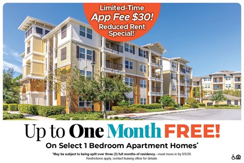 An apartment complex advertisement offering a free month's rent and a $30 app fee.