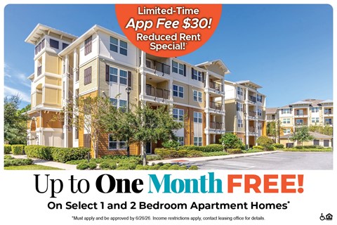 An apartment complex advertises a free month's rent for select 1 and 2 bedroom apartments.