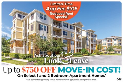 A large apartment complex advertises a limited-time app fee reduction and a move-in cost discount.