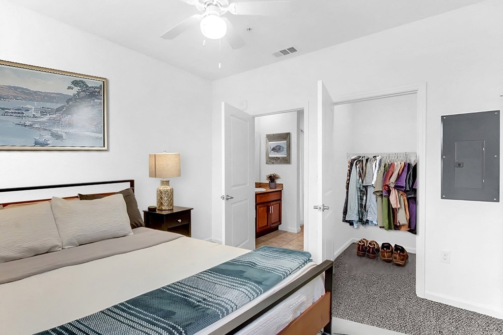 a bedroom with a bed and a closet