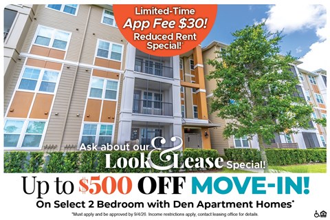 A building advertisement offering a limited-time app fee reduction and a move-in special.