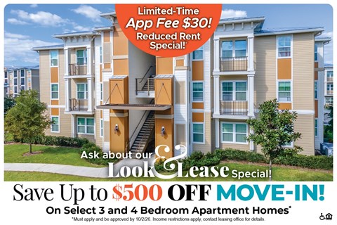 A promotional image for a lease special offering a $500 move-in bonus on select 3 and 4 bedroom apartment homes.