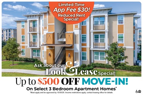 Up to $500 Off Move-In Costs on Select 3 Bedroom Apartments* Ask About our Look and Lease Special!