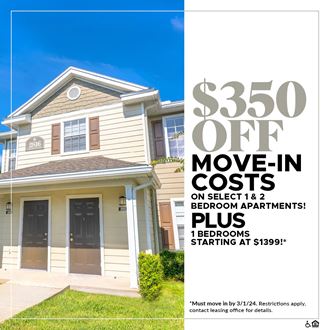 $350 OFF Move-In Costs on Select 1 and 2 Bedroom Apartment Homes! Plus 1 Bedrooms Starting at $1,399!