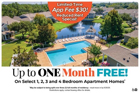 A promotional image for a limited-time app fee reduction and free month for select apartment homes.