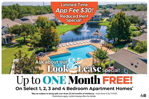 A promotional image for a lease special offering up to one month free on select apartment homes.