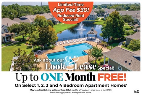 A real estate advertisement offering a free month's lease for select apartment homes.