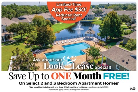 A promotional image for a lease special offering a free month on select 2 and 3 bedroom apartment homes.