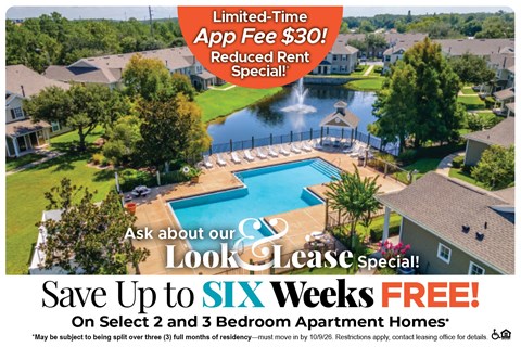 A promotional image for a lease special offering up to six weeks free on select 2 and 3 bedroom apartment homes.