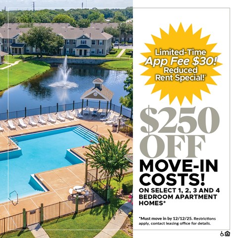 A pool and fountain in front of a building with a sign offering a $250 off move-in costs.