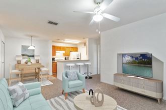 a living room with couches a table and a tv