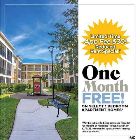An advertisement for a free month on select 1 bedroom apartment homes.