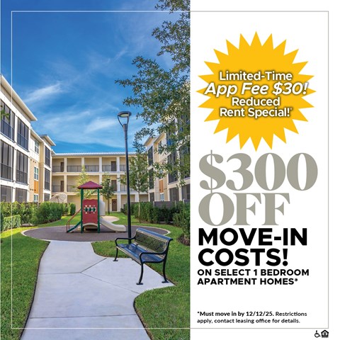 A promotional image for a $300 off move-in costs special on select 1 bedroom apartment homes.