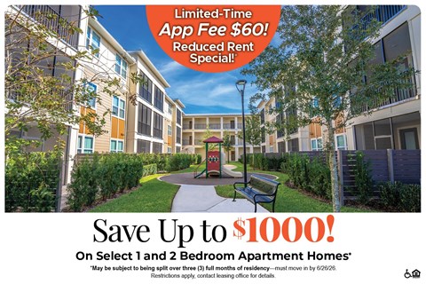 An apartment complex advertises a limited-time app fee of $60 and a reduced rent special.