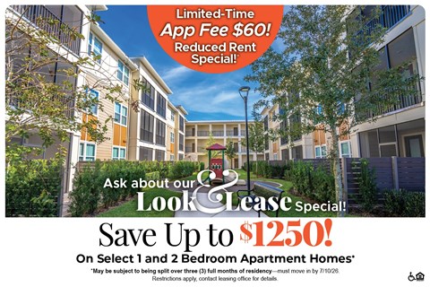 An advertisement for a lease special offering up to $1250 savings on select 2 bedroom apartment homes.