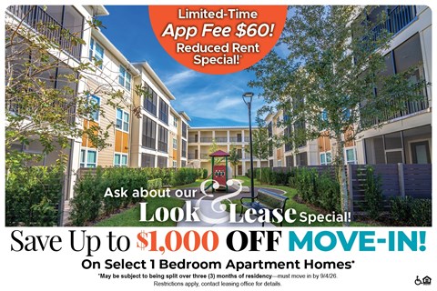 Apartment complex with a sign offering a limited-time app fee of $60 and a reduced rent special.