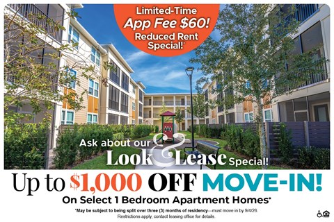 A promotional image for a lease special offering up to $1,000 off move-in for select 1 bedroom apartment homes.