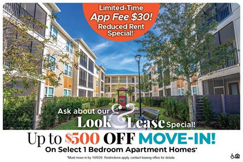 A promotional image for a lease special offering up to $500 off on select 1 bedroom apartment homes.