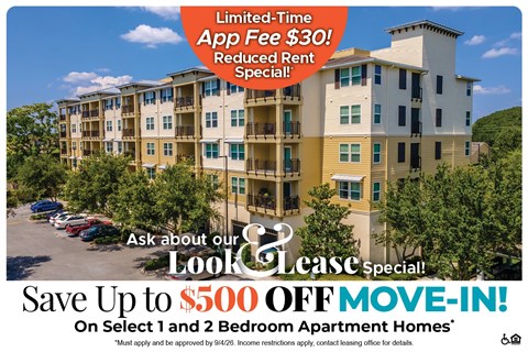 A promotional image for a lease special offering up to $500 off on select apartment homes.