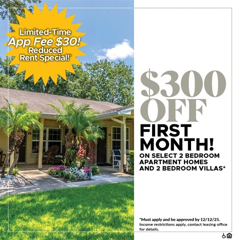 A promotional image for a $300 off first month on select 2 bedroom apartment homes and 2 bedroom villas.