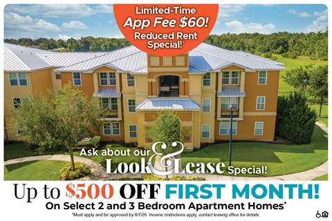 A promotional image for a lease special offering up to $500 off the first month on select 2 and 3 bedroom apartment homes.