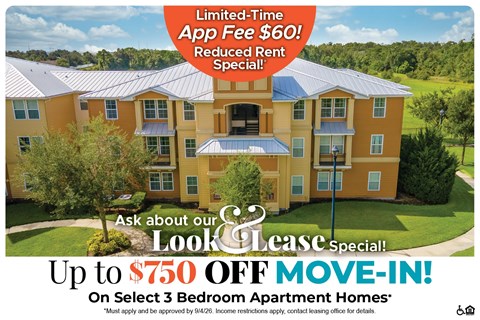 A housing advertisement offering a $750 off move-in special for select 3 bedroom apartment homes.