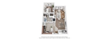 A 3D floor plan of a small apartment with a kitchen, living room, and bathroom.