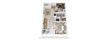 A 3D floor plan of a small apartment with a kitchen, living room, and bathroom.
