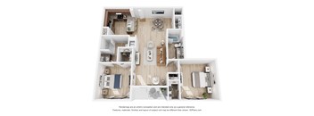 A 3D floor plan of a small apartment with a kitchen, living room, and bathroom.