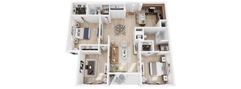 A top-down view of a house layout with multiple rooms and furniture.