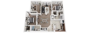A top-down view of a house layout with a living room, kitchen, and bathrooms.