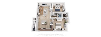 A 3D floor plan of a house with two bedrooms, a living room, a kitchen, and a bathroom.