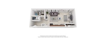 a stylized floor plan with a bedroom and a living room