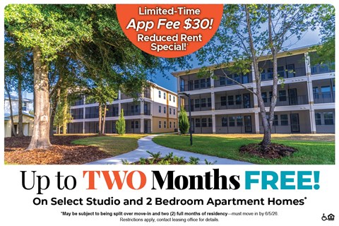 An advertisement for a limited-time app free offer on select studio and 2 bedroom apartment homes.