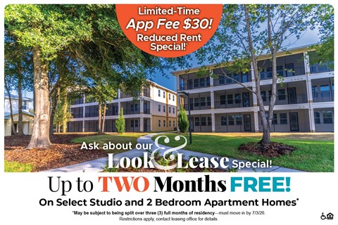 An advertisement for a lease special offering up to two months free on select studio and 2 bedroom apartment homes.