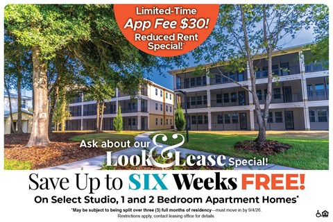 An advertisement for a lease special offering up to six weeks free on select apartment homes.