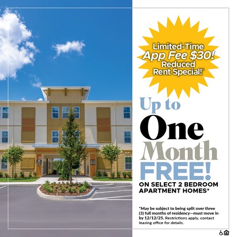 An apartment complex advertisement offering a free month's rent on select 2 bedroom apartments.